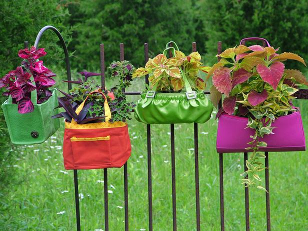 Alcune borsette colorate appese ad una recinzione formano una composizione curiosa